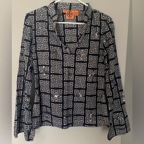 Tory Burch Boxy Button Down Shirt Multicolored Collar Cuffed Sleeve Long Sleeve - Picture 1 of 7